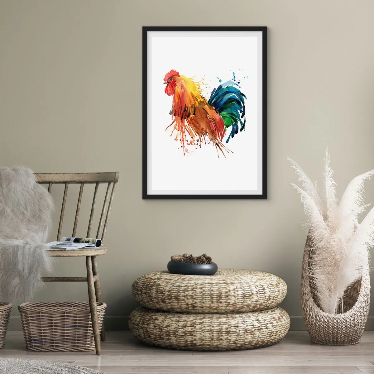 Poszter fehér keretben - Színes kakas akvarell stílusban - 50x70cm - Királyi ruha, királyi büszkeség - Modern fali dekoráció nappalihoz és hálószobához ARTTOR