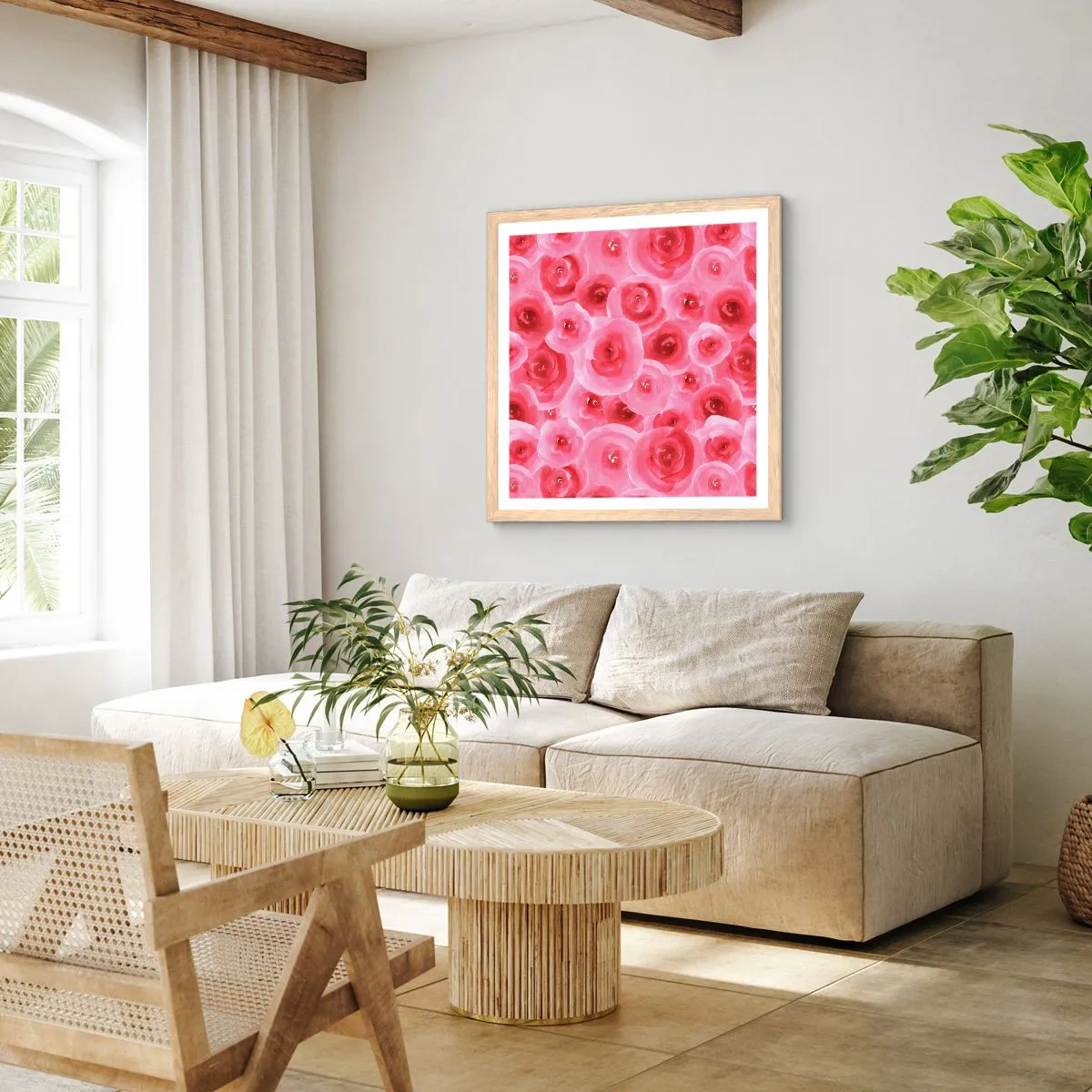 Poszter világos tölgy keretben - Rózsák alul és felül - 30x30 cm