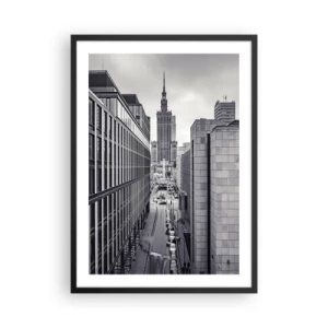 Poszter fehér keretben - A varsói Kultúra és Tudomány Palotája szürke árnyalatokban - 50x70cm - Varsói völgy - Modern fali dekoráció nappalihoz és hálószobához ARTTOR
