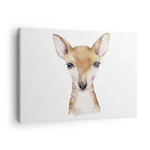 Vászonkép - Akvarell portré egy fiatal őzről fehér alapon - 70x50cm - Az ártatlanság természete - Modern fali dekoráció nappalihoz és hálószobához ARTTOR