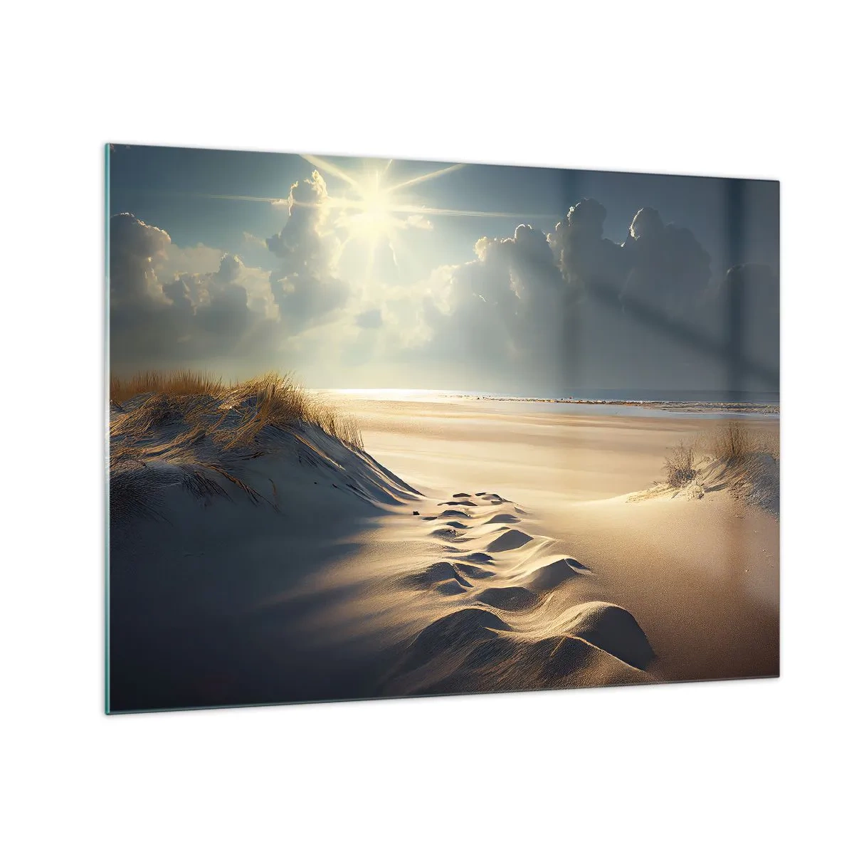 Üveg kép - A nap sugarai által megvilágított arany dűnék - 70x50cm - Megnyugtató táj - Modern fali dekoráció nappalihoz és hálószobához ARTTOR