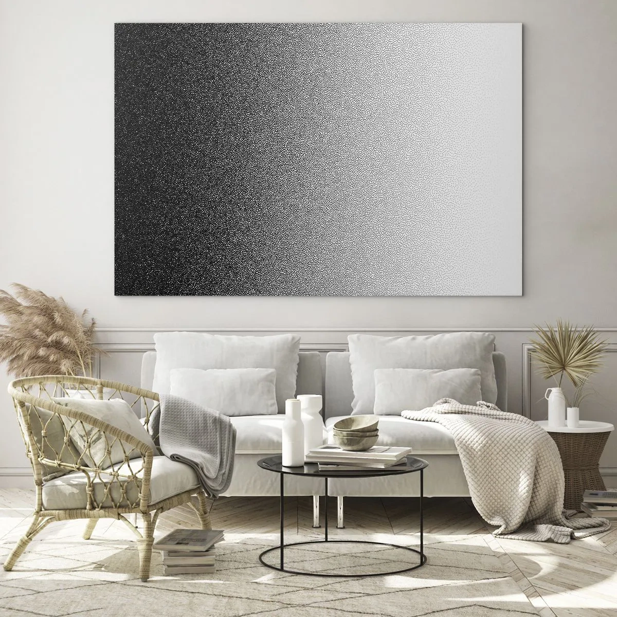 Üveg kép - Fekete-fehér színátmenet szemcsés és fényhatásokkal - 70x50cm - A fény felé - Modern fali dekoráció nappalihoz és hálószobához ARTTOR