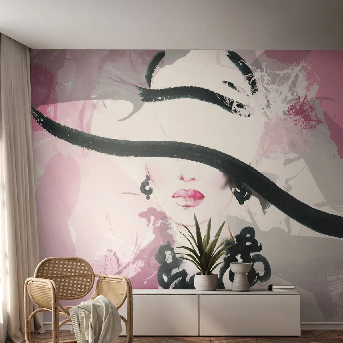 Fotótapéta Premium Sand - Fekete és rózsaszín hölgy portréja - Nő, Női Arc, Absztrakció - 100x70 cm