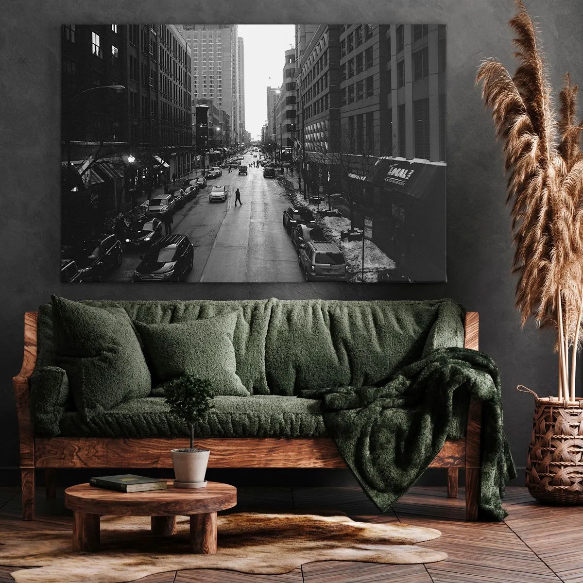 Vászonkép - Egy fekete-fehér utca a város közepén, autókkal és gyalogosokkal - 70x50cm - Egy újabb nap, mint minden más nap - Modern fali dekoráció nappalihoz és hálószobához ARTTOR