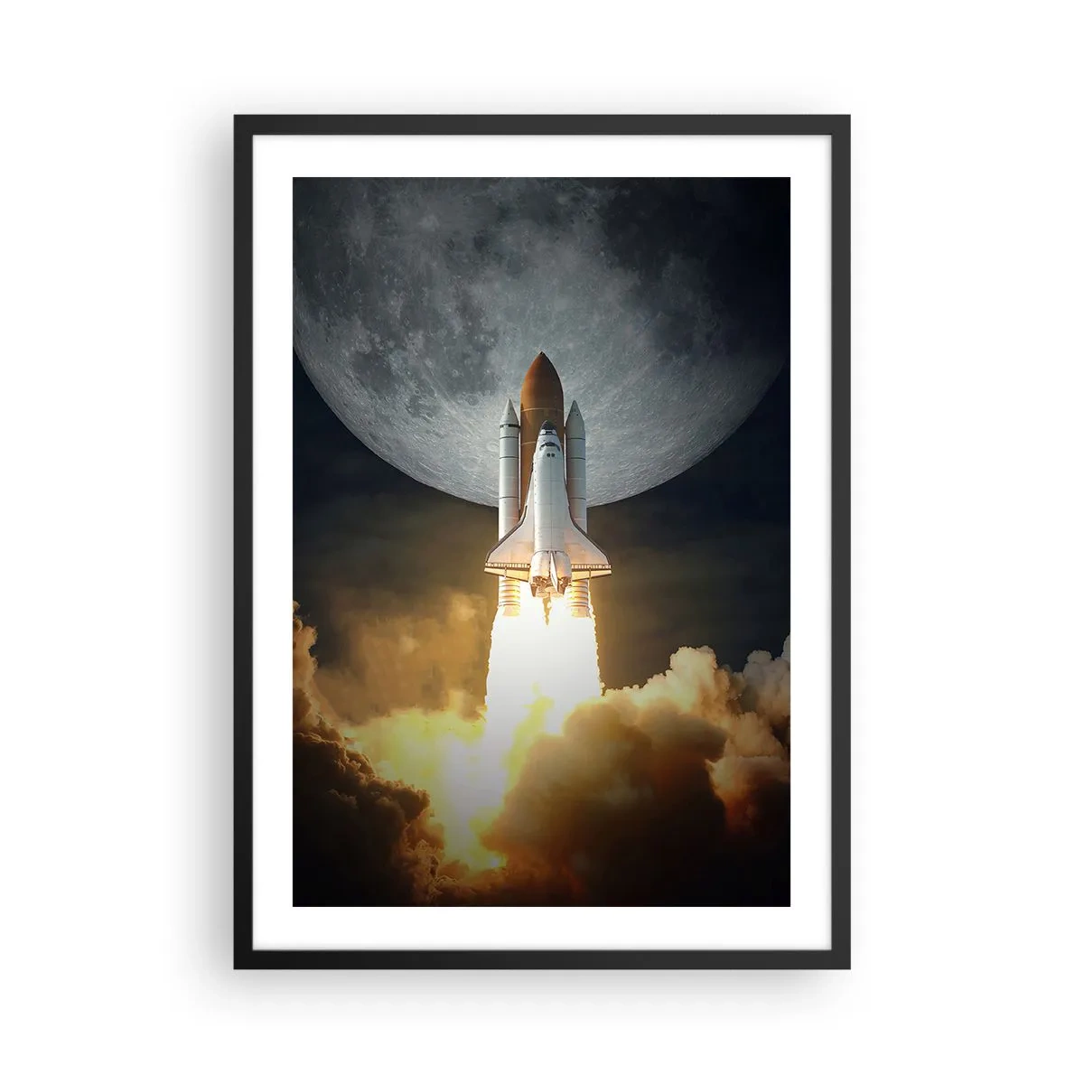 Poszter fehér keretben - Űrrepülőgép indítása a Holddal a háttérben - 50x70cm - Egy földöntúli kaland kezdete - Modern fali dekoráció nappalihoz és hálószobához ARTTOR