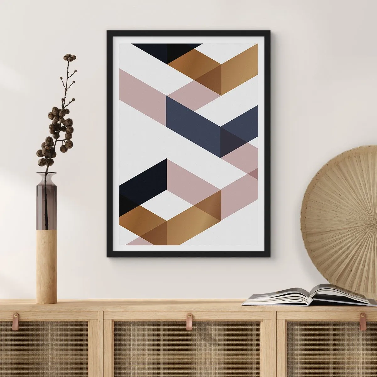 Poszter fehér keretben - Geometriai alakzatok arany, fekete és bézs árnyalatokban - 50x70cm - Síkok és szögek - Modern fali dekoráció nappalihoz és hálószobához ARTTOR