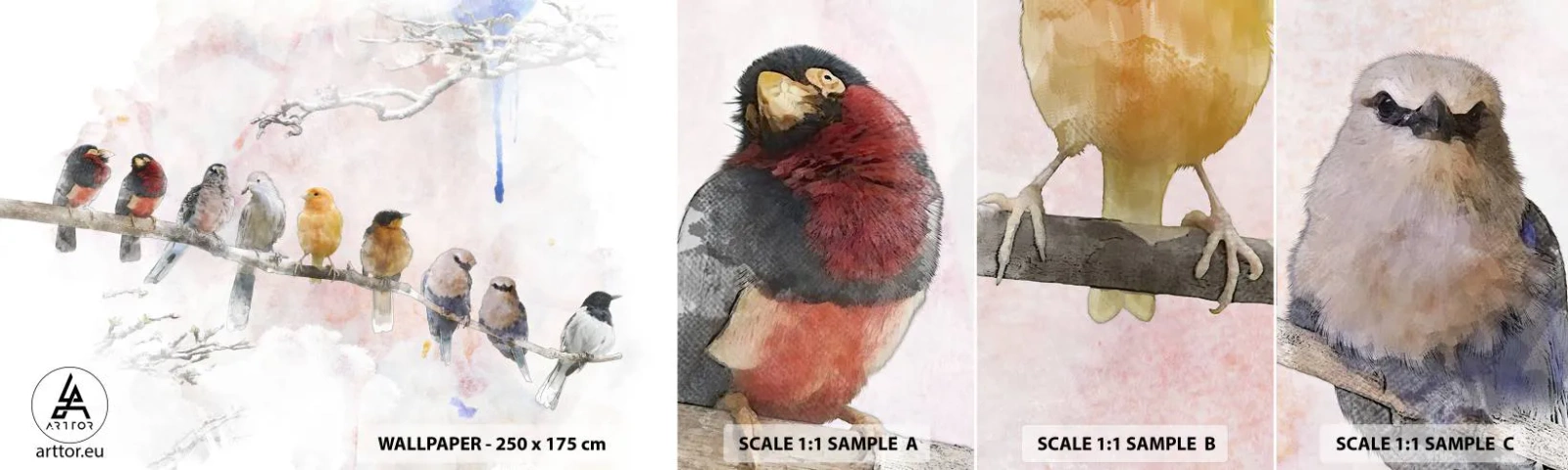 Fotótapéta Minta Öntapadós Deluxe Sticker - Szárnyas találkozó - Madarak, Természet, Grafika - 100x30 cm