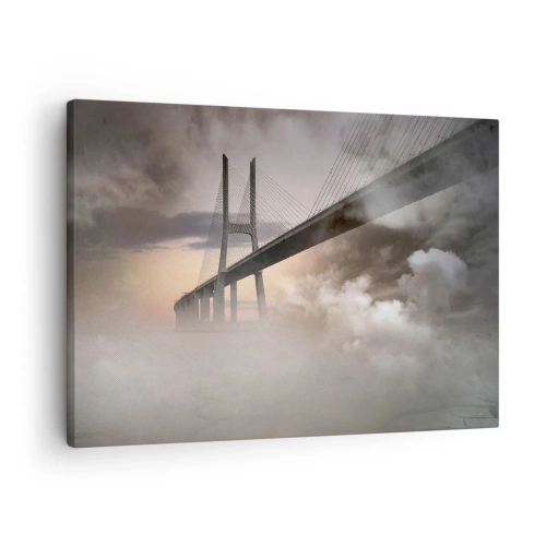Vászonkép - Egy híd egy folyó felett, reggel ködbe burkolózva - 70x50cm - A nem létező folyó mentén - Modern fali dekoráció nappalihoz és hálószobához ARTTOR