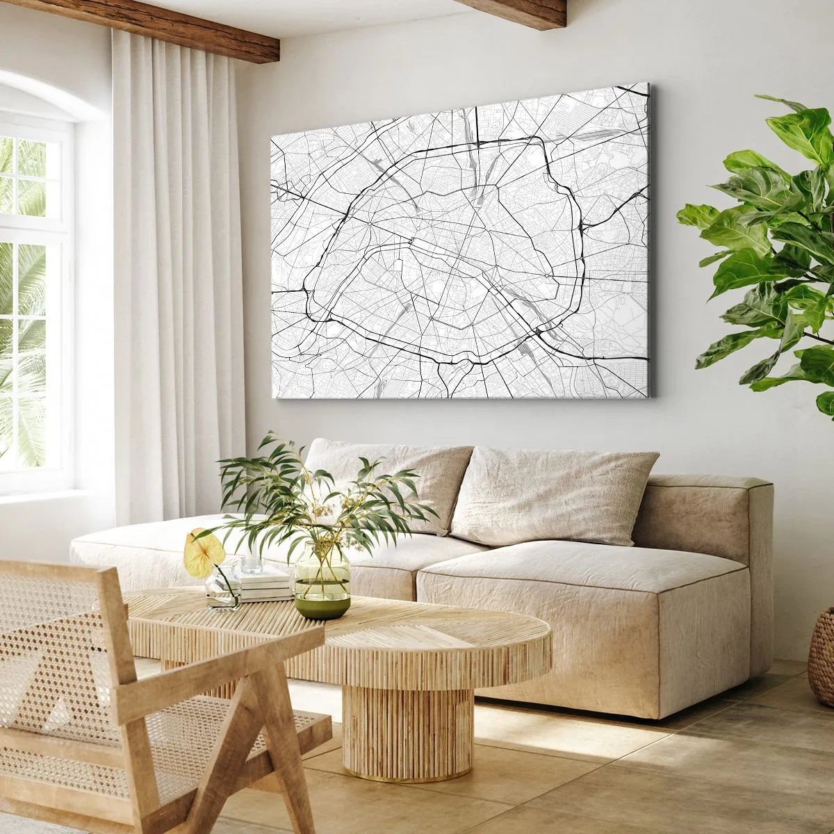 Vászonkép - Minimalista várostérkép fekete-fehérben - 70x50cm - Párizs virága - Modern fali dekoráció nappalihoz és hálószobához ARTTOR