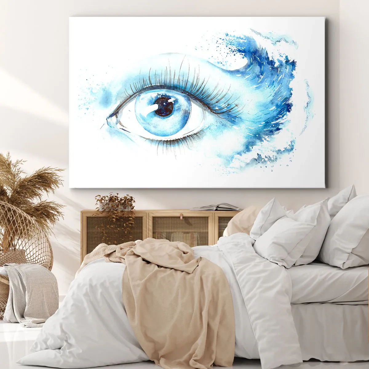 Vászonkép - Egy dinamikus hullámú szem művészi akvarellje - 70x50cm - Elmerülni a tekintet kékjében - Modern fali dekoráció nappalihoz és hálószobához ARTTOR