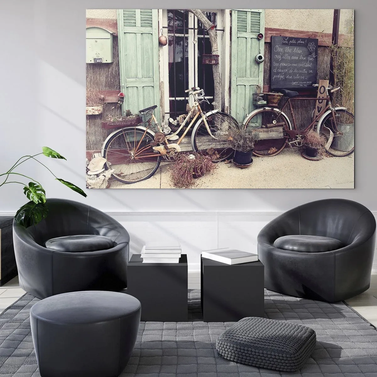 Üveg kép - Vidéki táj kerékpárokkal - 70x50cm - Éljen a tartomány - Modern fali dekoráció nappalihoz és hálószobához ARTTOR