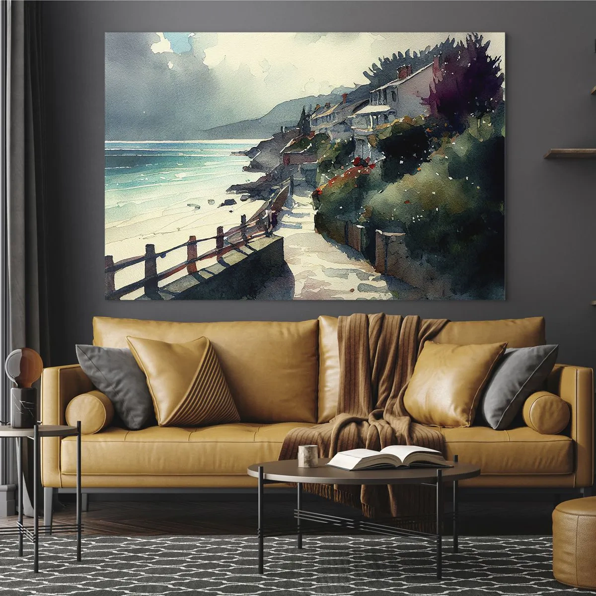 Üveg kép - Tengerparti sétány színes házakkal és vízzel - 70x50cm - Mediterrán város - Modern fali dekoráció nappalihoz és hálószobához ARTTOR