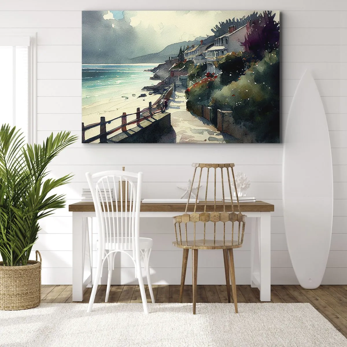 Vászonkép - Tengerparti sétány házakkal és növényzettel - 70x50cm - Mediterrán város - Modern fali dekoráció nappalihoz és hálószobához ARTTOR