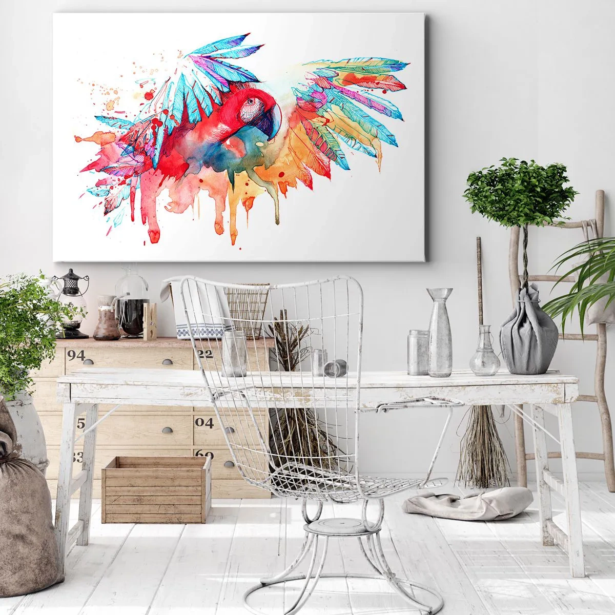 Vászonkép - Egy papagáj művészi akvarell stílusban - 70x50cm - Színes papagájok - Modern fali dekoráció nappalihoz és hálószobához ARTTOR