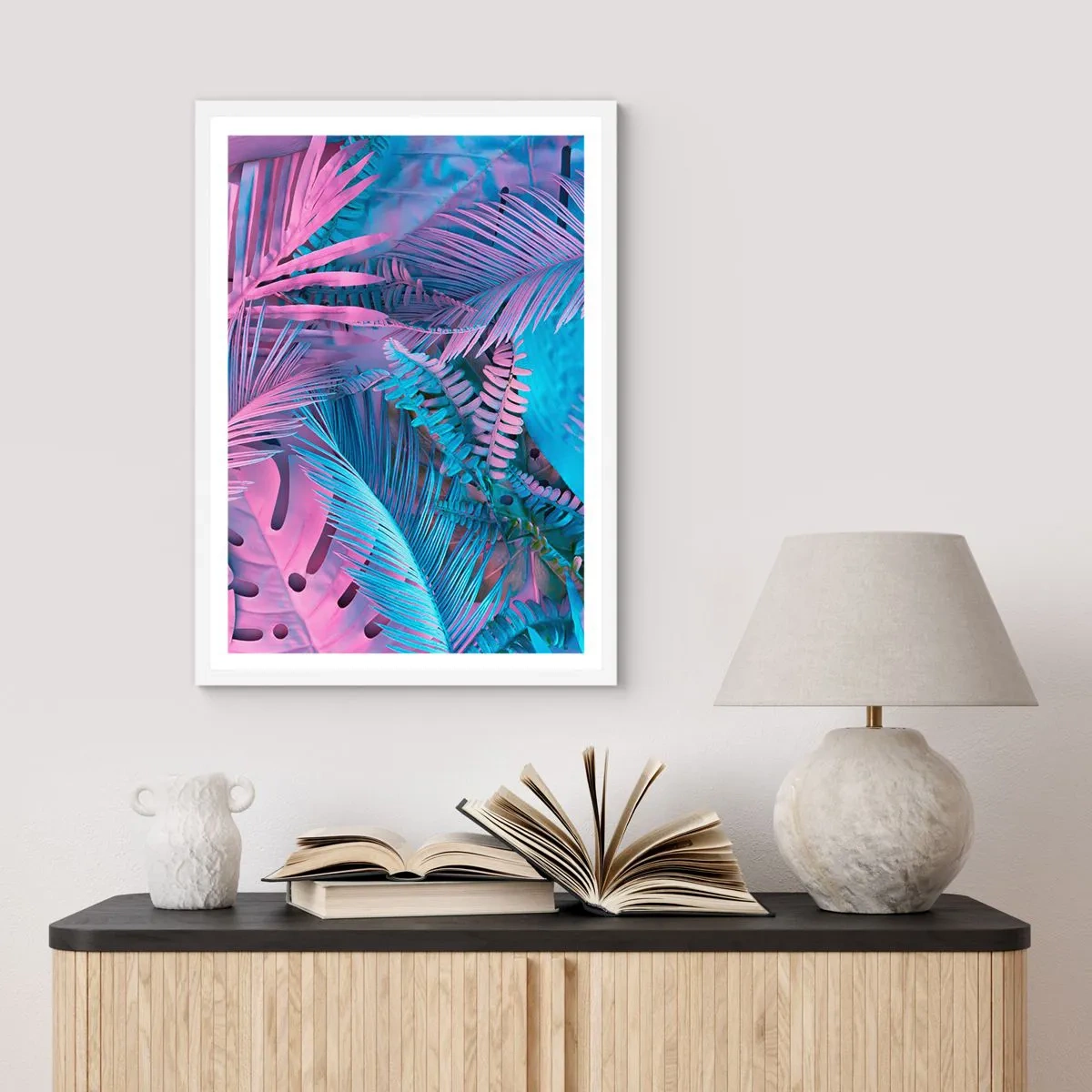 Poszter fekete keretben - Trópusok rózsaszínben és kékben - 70x100 cm