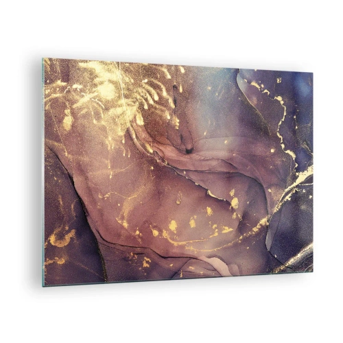 Üveg kép - Egy absztrakt kompozíció lila és arany foltokkal és struktúrával. - 70x50cm - Anyag és lélek - Modern fali dekoráció nappalihoz és hálószobához ARTTOR