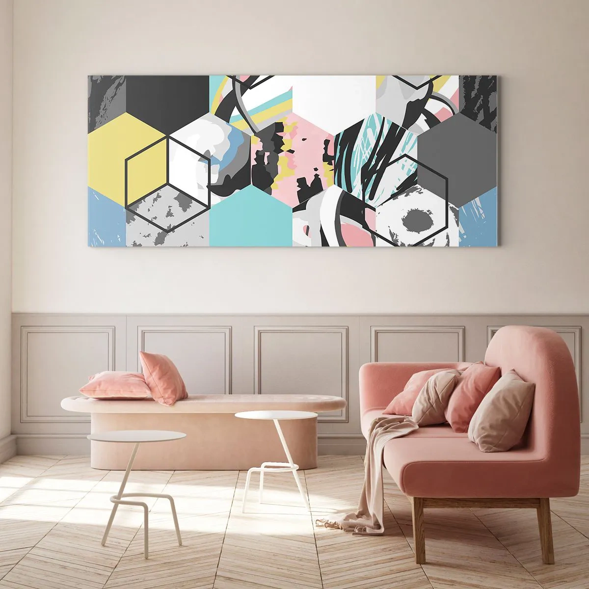 Üveg kép - Hatszögek és kockák hat színben - 140x50 cm