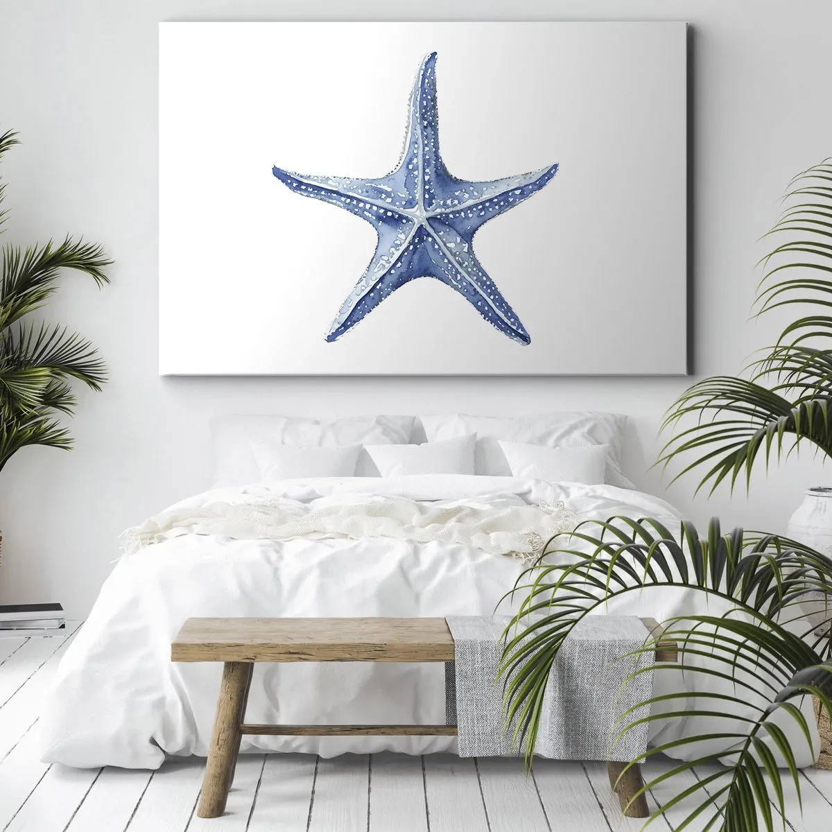 Vászonkép - Kék tengeri csillag fehér alapon, minimalista stílusban - 70x50cm - A tenger csillaga - Modern fali dekoráció nappalihoz és hálószobához ARTTOR