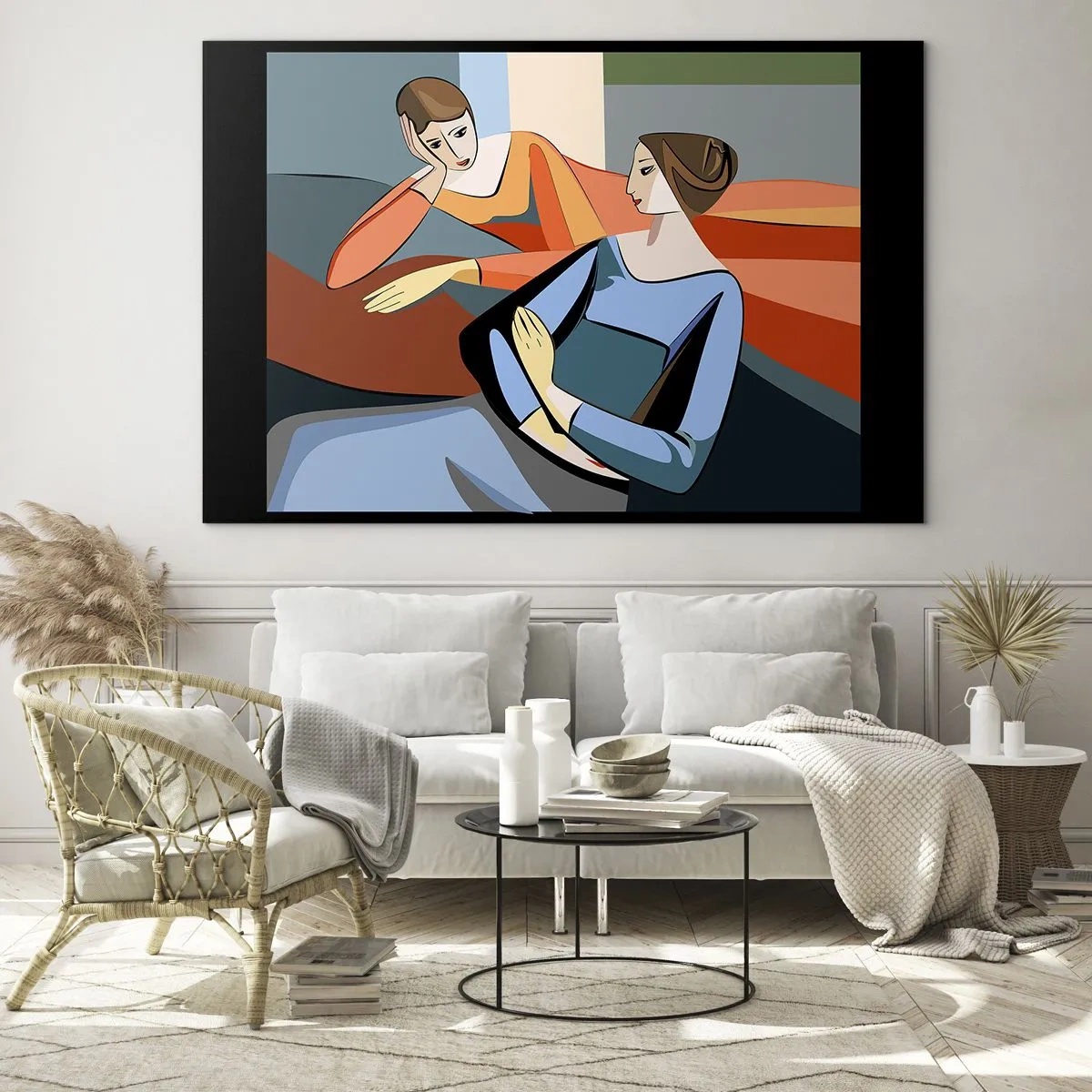 Üveg kép - Két nő beszélgetésének geometrikus jelenete egy belső tér hátterében. - 70x50cm - A bizalmak pillanata - Modern fali dekoráció nappalihoz és hálószobához ARTTOR