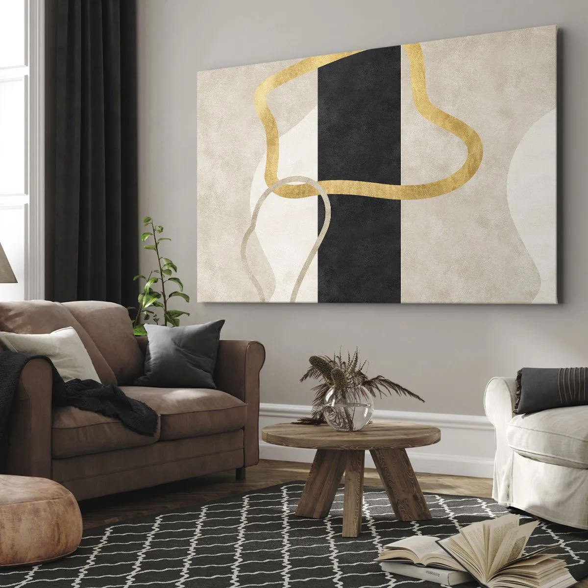 Vászonkép - Minimalista dizájn hurkolt formákkal arany és fekete színben. - 70x50cm - Hurkolt formák - Modern fali dekoráció nappalihoz és hálószobához ARTTOR