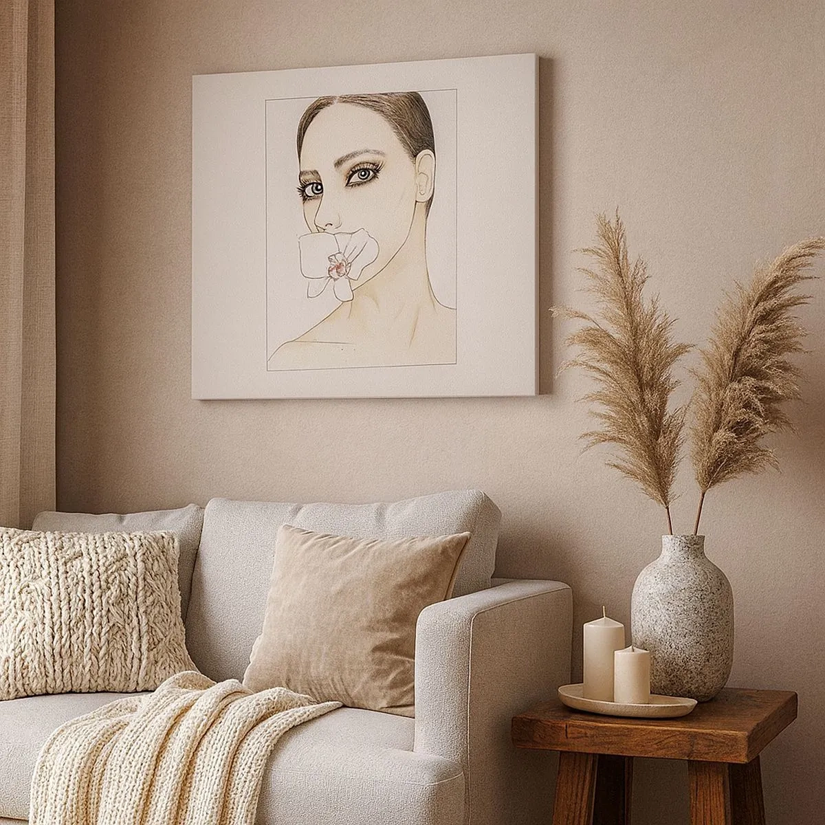 Vászonkép - Portré egy nőről, akinek finom színű orchideája van - 70x50cm - Az elegancia és a szépség szimbóluma - Modern fali dekoráció nappalihoz és hálószobához ARTTOR