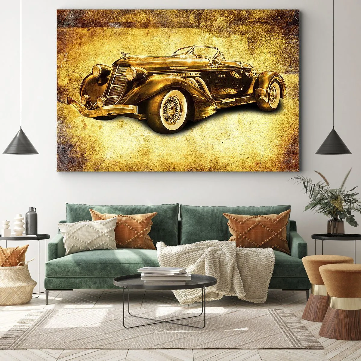 Vászonkép - Klasszikus arany retró kabrió egy meleg színű vintage háttér előtt. - 70x50cm - Az elit elitje - Modern fali dekoráció nappalihoz és hálószobához ARTTOR