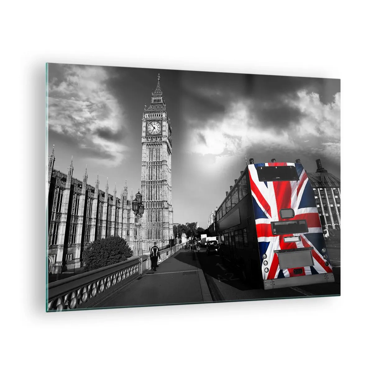 Üveg kép - Big Ben és egy busz brit zászlóval - 70x50cm - Büszke és nagy - Modern fali dekoráció nappalihoz és hálószobához ARTTOR