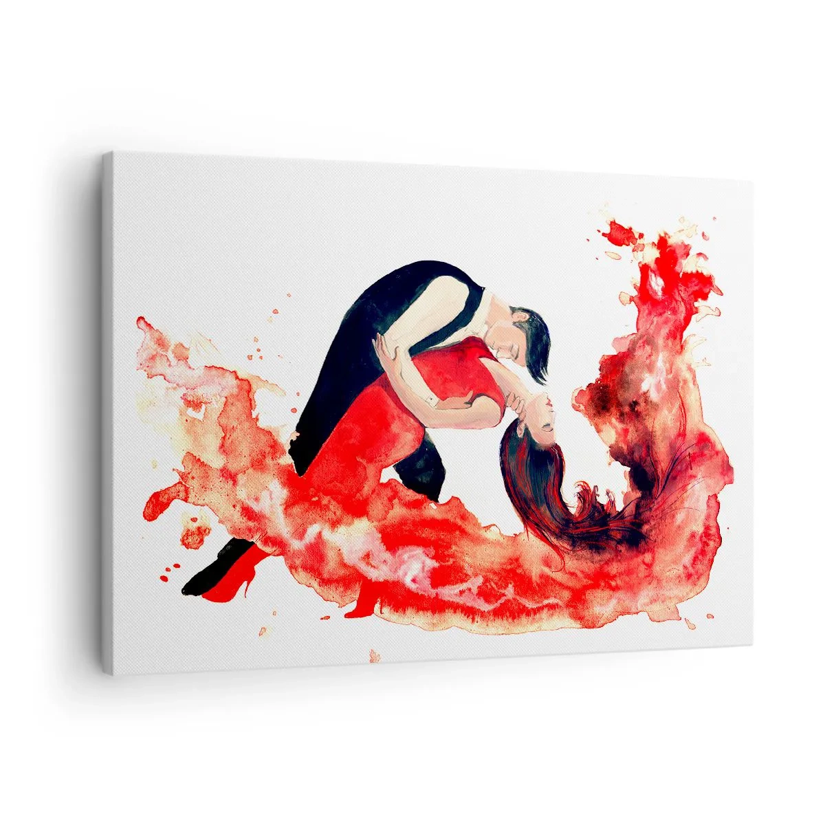 Vászonkép - Egy táncoló pár dinamikus akvarellfestménye piros színben. - 70x50cm - Tango – érzéki hullám - Modern fali dekoráció nappalihoz és hálószobához ARTTOR
