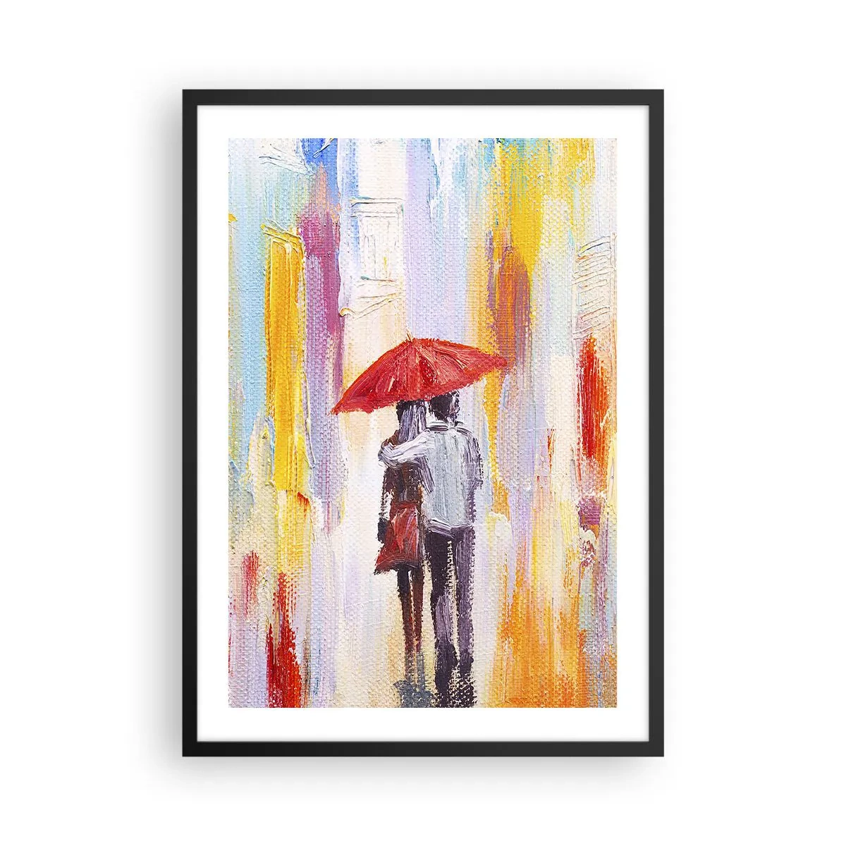 Poszter fehér keretben - Romantikus jelenet egy párral egy piros esernyő alatt, a város hátterében. - 50x70cm - Hadd essen az eső - Modern fali dekoráció nappalihoz és hálószobához ARTTOR