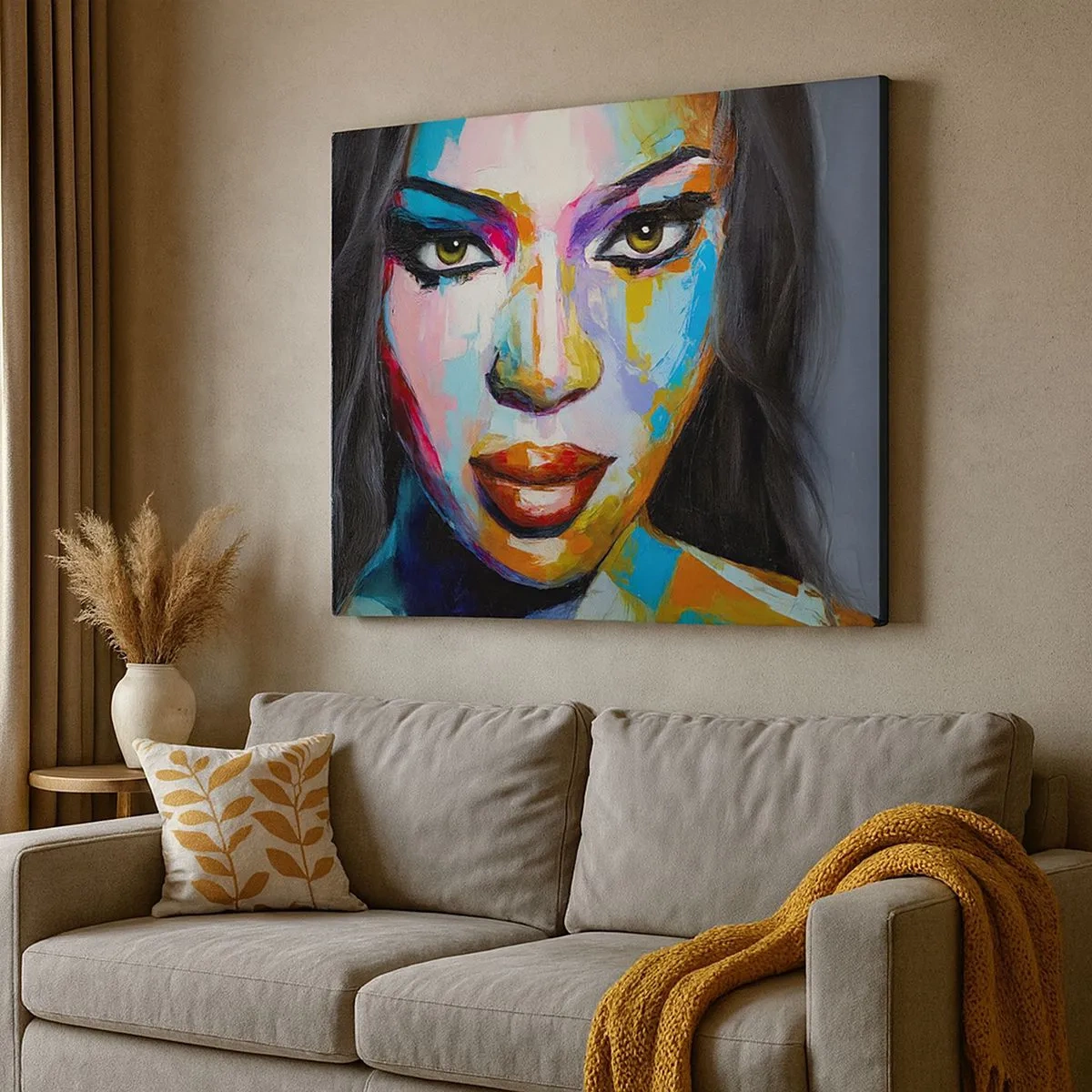 Vászonkép - Egy intenzív tekintetű nő színes portréja - 70x50cm - Lehetetlen levenni a tekintetet - Modern fali dekoráció nappalihoz és hálószobához ARTTOR