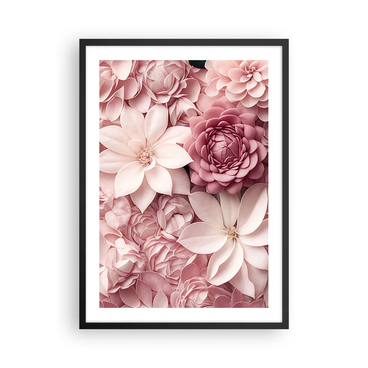 Poszter fehér keretben - Rózsaszín virágok elegáns kompozícióban - 50x70cm - Rózsaszín szirmokban - Modern fali dekoráció nappalihoz és hálószobához ARTTOR