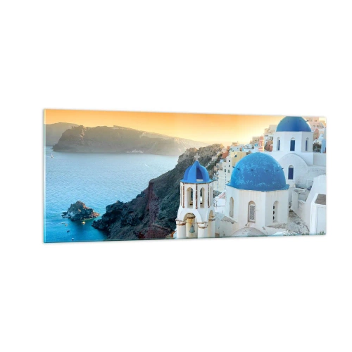 Üveg kép - Santorini – rásimulva a sziklákra - 100x40 cm