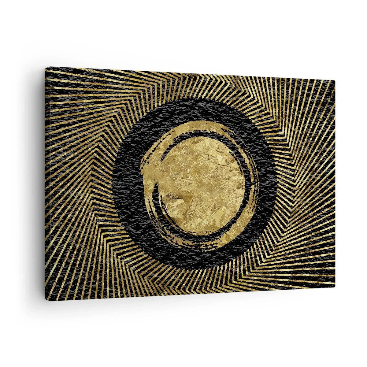 Vászonkép - Geometrikus kompozíció fekete és arany színben sugarakkal - 70x50cm - Glamour kompozíció - Modern fali dekoráció nappalihoz és hálószobához ARTTOR