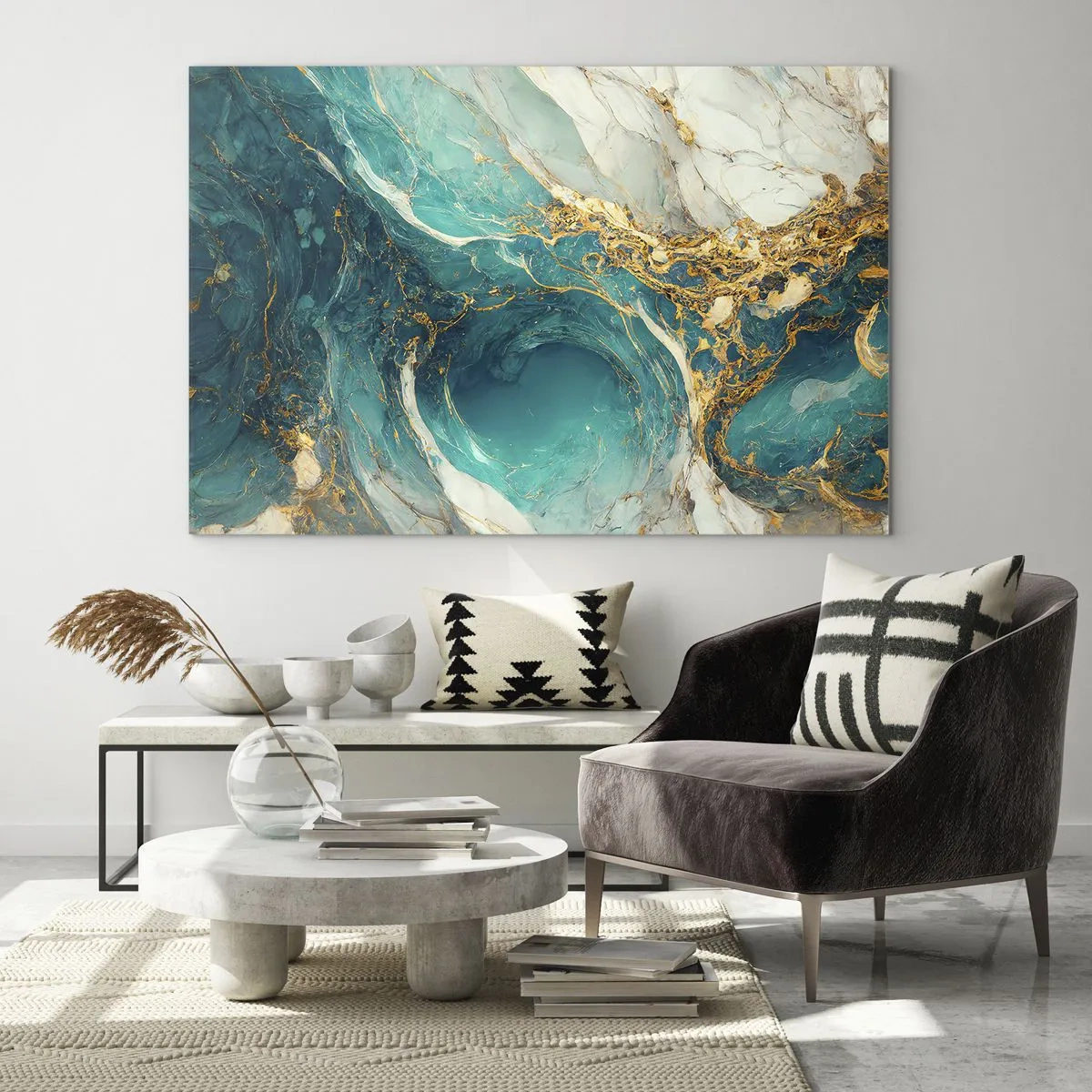 Üveg kép - Absztrakt kompozíció türkiz és arany erekkel - 70x50cm - Kompozíció aranyvénákkal - Modern fali dekoráció nappalihoz és hálószobához ARTTOR