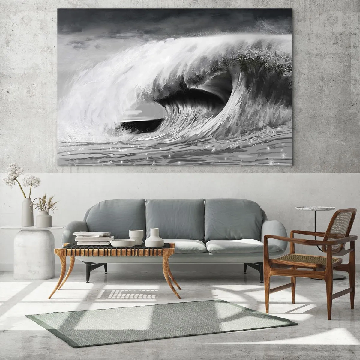 Üveg kép - Egy erőteljes hullám fekete-fehér esztétikában megörökítve - 70x50cm - Az óceán haragja - Modern fali dekoráció nappalihoz és hálószobához ARTTOR