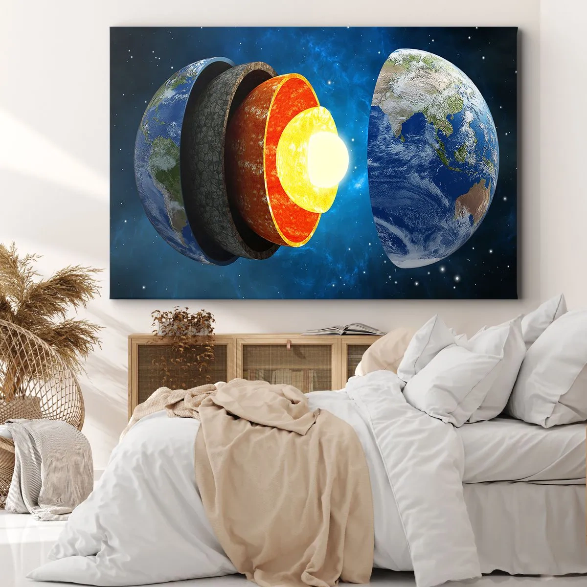 Vászonkép - A Föld keresztmetszete, amelyen láthatók a rétegei az űrben. - 70x50cm - Utazás a Föld középébe - Modern fali dekoráció nappalihoz és hálószobához ARTTOR