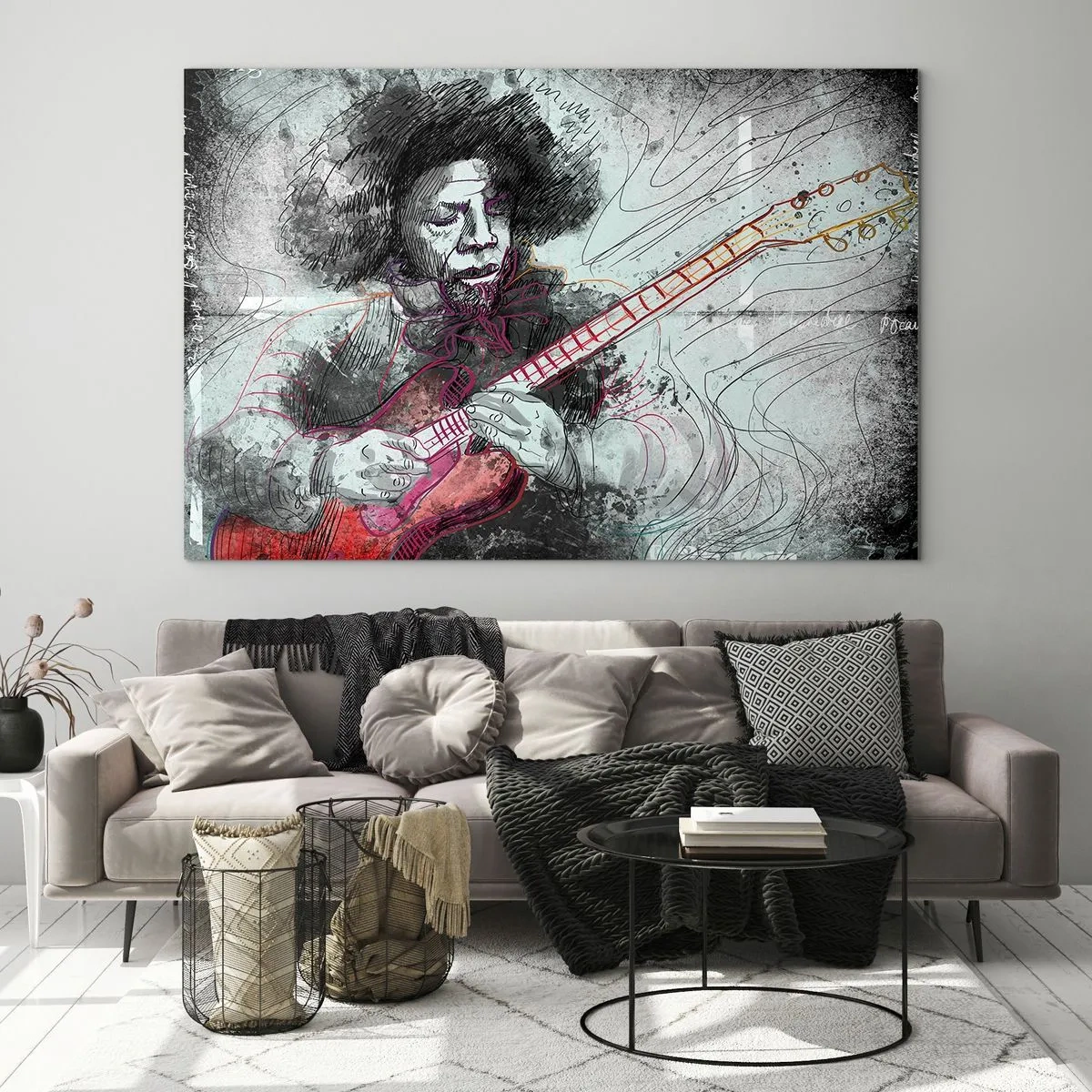 Üveg kép - Zenész művészi portréja elektromos gitárral - 70x50cm - A zene hullámain - Modern fali dekoráció nappalihoz és hálószobához ARTTOR