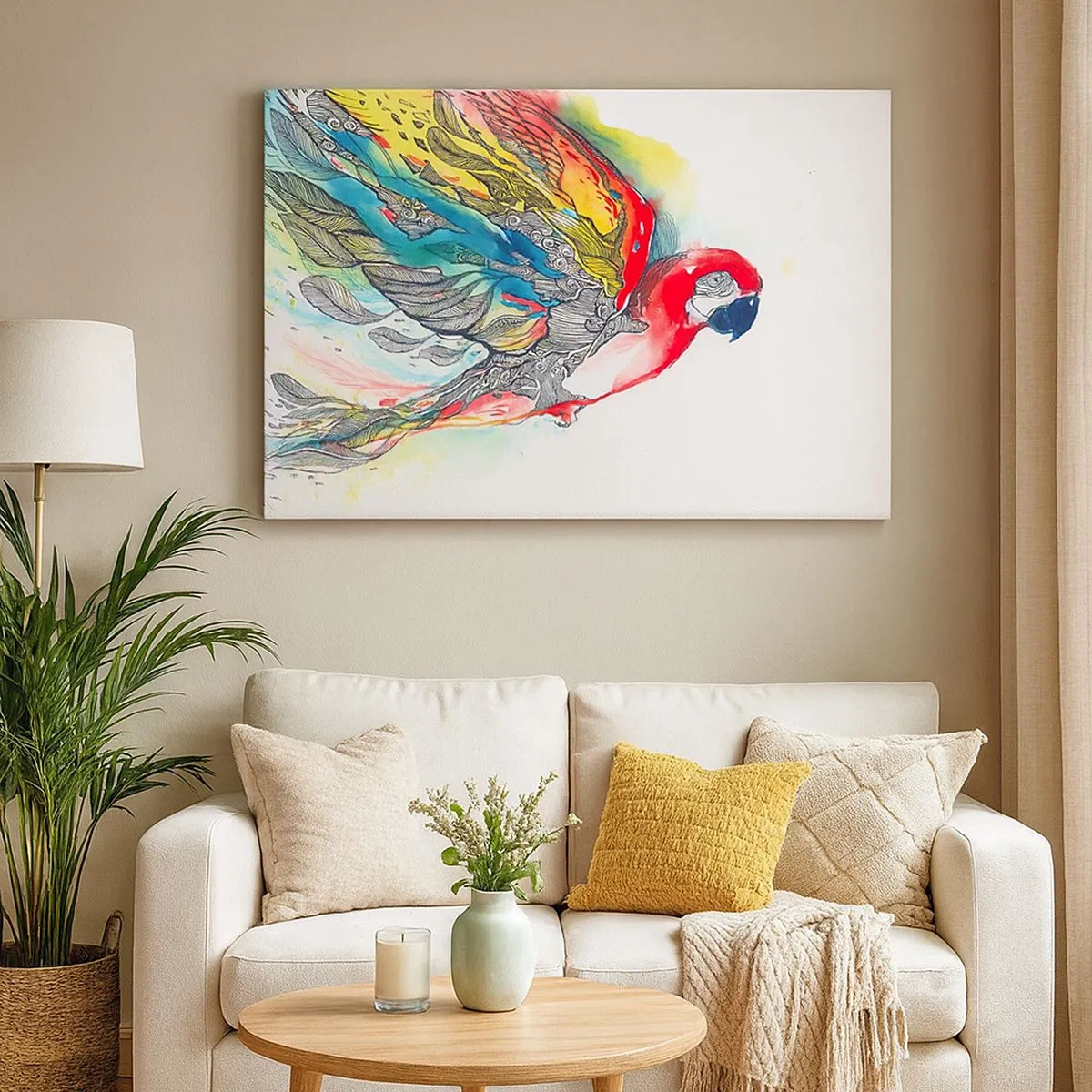 Vászonkép - Egy színes papagáj repülés közben, absztrakt mintákkal a szárnyain. - 70x50cm - Élj színesen - Modern fali dekoráció nappalihoz és hálószobához ARTTOR