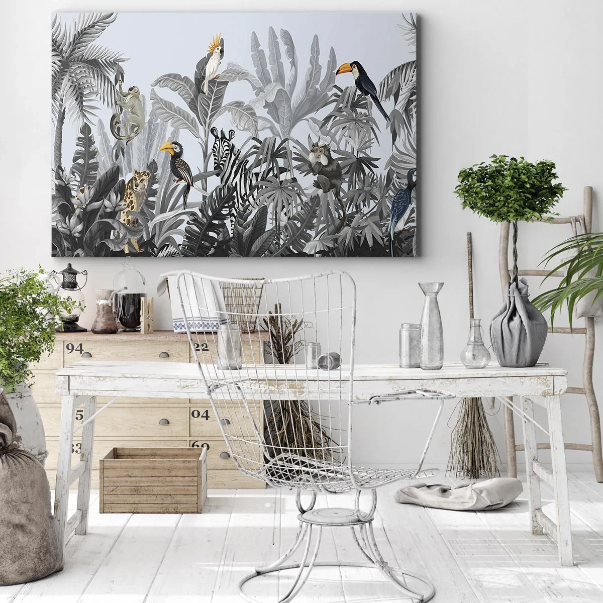Vászonkép - Trópusi dzsungel egzotikus állatokkal szürke háttéren - 70x50cm - Afrikai mese - Modern fali dekoráció nappalihoz és hálószobához ARTTOR