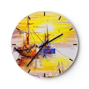 Falióra, Óra - Festői vitorlások naplementekor - 30x30cm - Megérdemelt pihenés a kikötőben - Modern fali dekoráció nappalihoz, konyhához és hálószobához ARTTOR