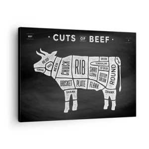 Vászonkép - Marhahúsdarabok diagramja fekete háttéren - 70x50cm - Mészáros ábécéskönyve - Modern fali dekoráció nappalihoz és hálószobához ARTTOR