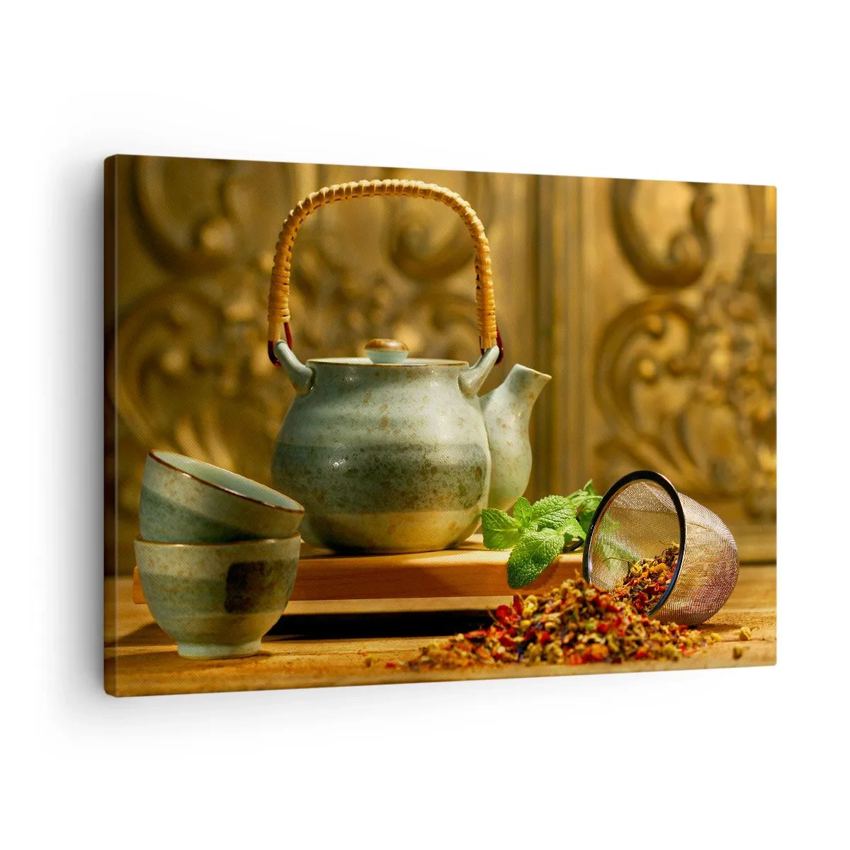 Vászonkép - Kerámia kancsó csészékkel és szárított teával - 70x50cm - Szerződés a tea ivásról - Modern fali dekoráció nappalihoz és hálószobához ARTTOR