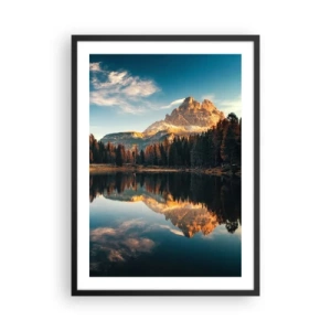 Poszter fehér keretben - Egy hegycsúcs tükröződik egy nyugodt tóban - 50x70cm - Dupla tájkép - Modern fali dekoráció nappalihoz és hálószobához ARTTOR