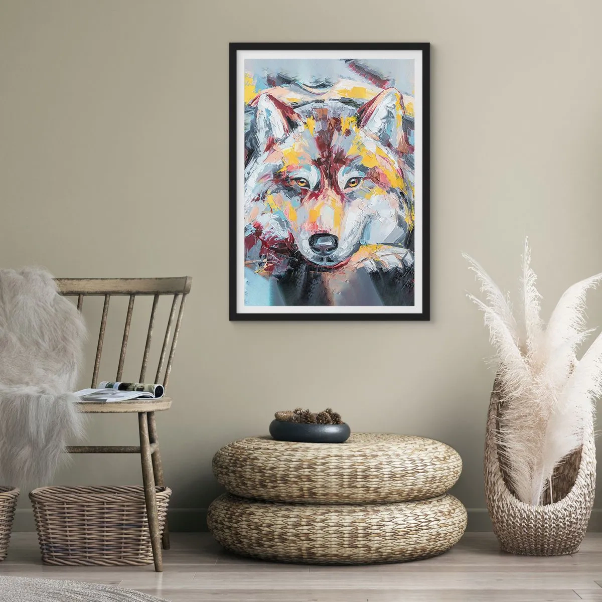 Poszter fehér keretben - Egy farkas absztrakt portréja színes ecsetvonásokkal. - 50x70cm - Nyugalom a szeretteink között - Modern fali dekoráció nappalihoz és hálószobához ARTTOR