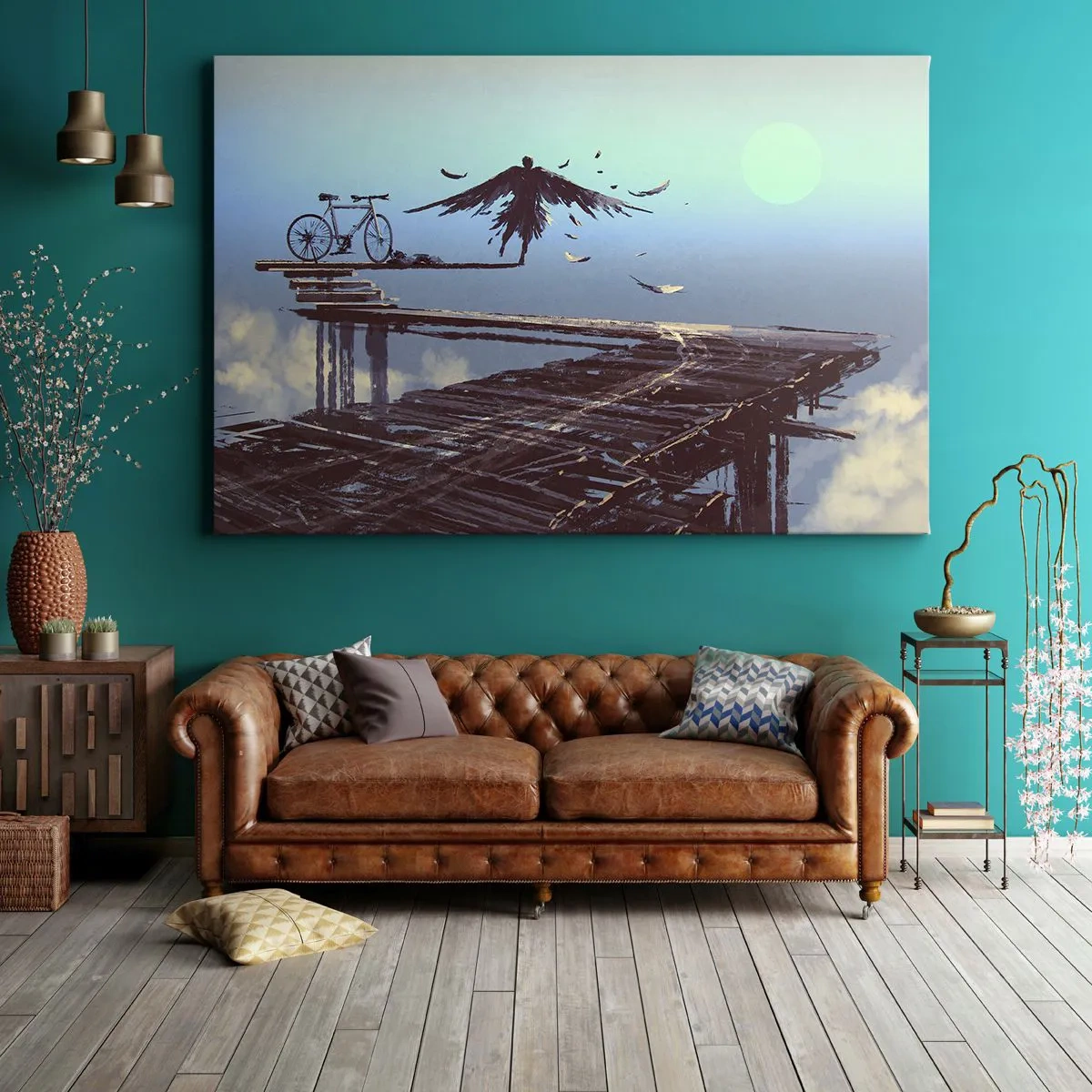 Vászonkép - Egy tollas alak lebeg egy fahíd felett egy bicikli mellett. - 70x50cm - Ikarusz örökké él - Modern fali dekoráció nappalihoz és hálószobához ARTTOR