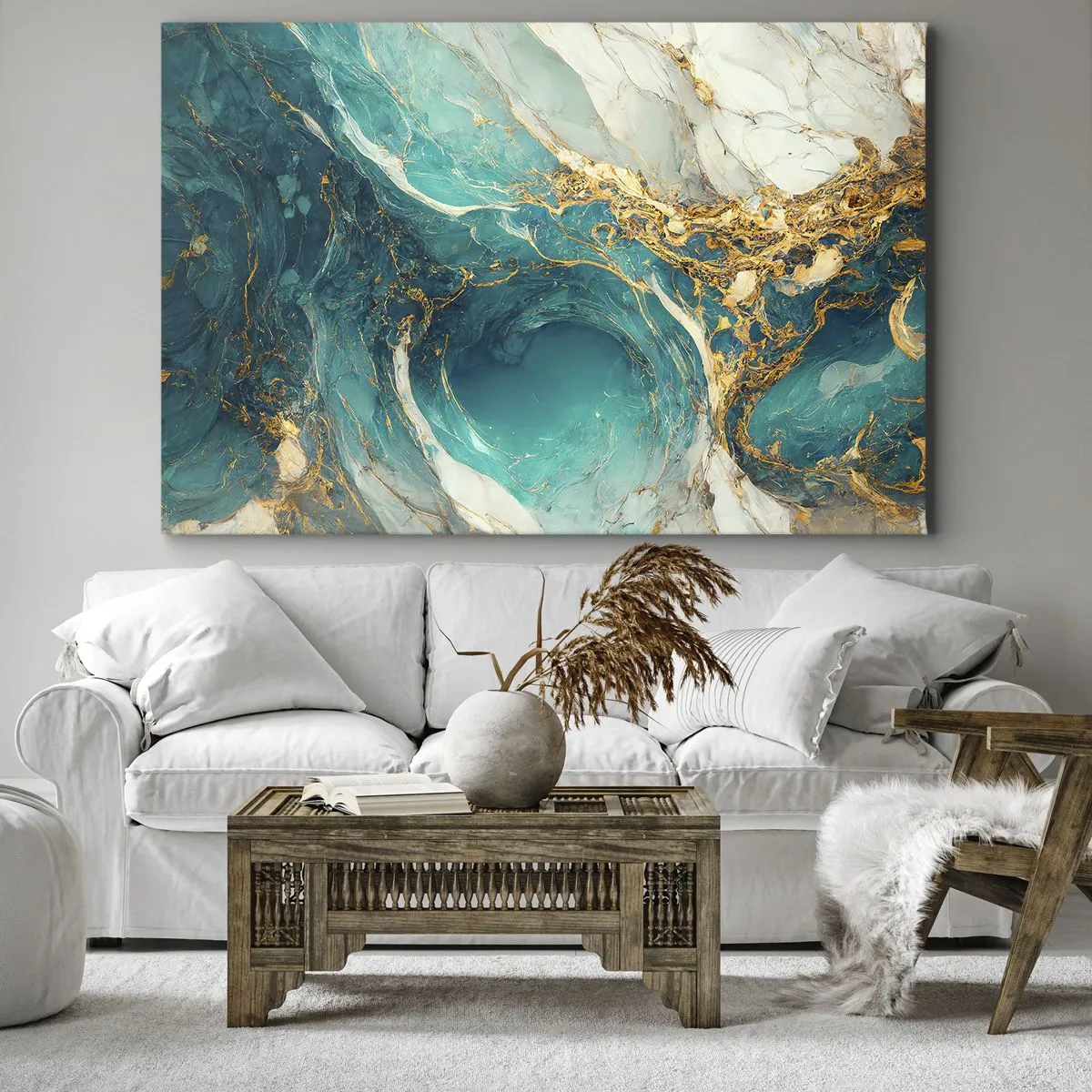 Vászonkép - Egy absztrakt kompozíció türkiz és arany árnyalatokban. - 70x50cm - Kompozíció aranyvénákkal - Modern fali dekoráció nappalihoz és hálószobához ARTTOR