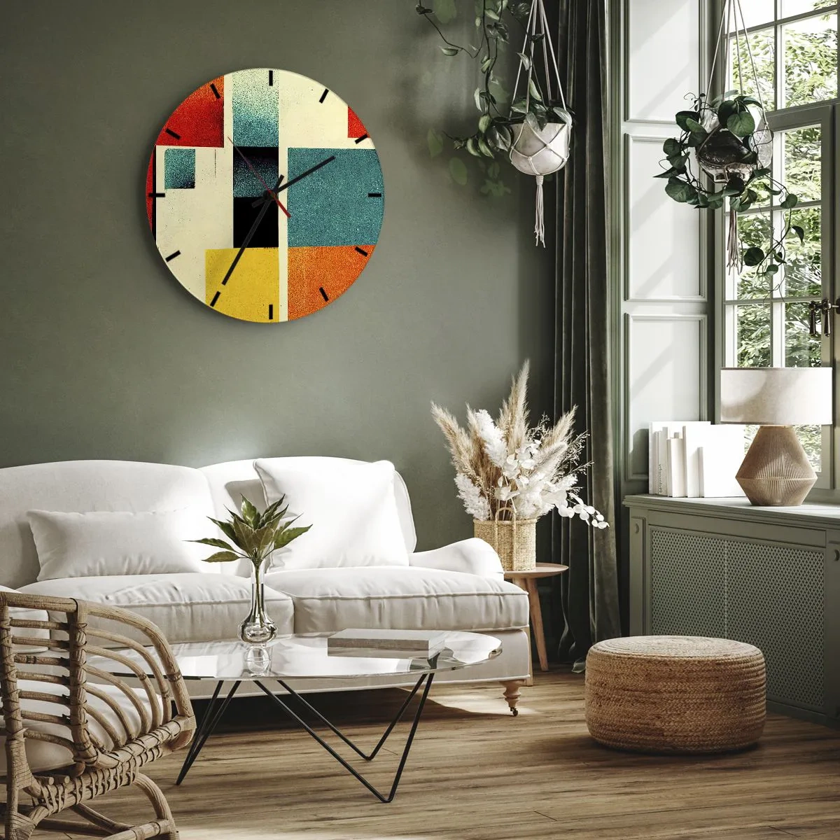 Falióra, Óra - Színes téglalapok geometriai kompozíciója világos háttér előtt - 30x30cm - Geometrikus absztrakció - jó energia - Modern fali dekoráció nappalihoz, konyhához és hálószobához ARTTOR