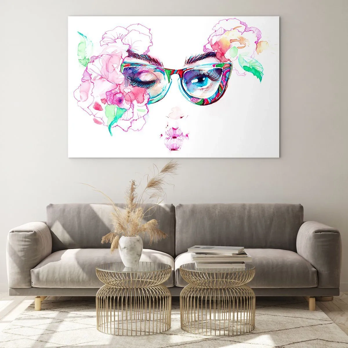 Üveg kép - Női szemek virágokkal és színes szemüveggel akvarell stílusban - 70x50cm - Csábító ígéret - Modern fali dekoráció nappalihoz és hálószobához ARTTOR