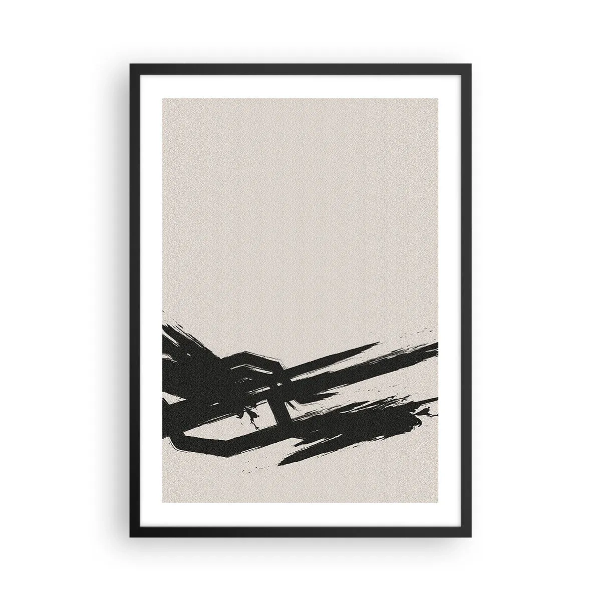 Poszter fehér keretben - Dinamikus absztrakció fekete ecsetvonással - 50x70cm - Megállíthatatlan lendület - Modern fali dekoráció nappalihoz és hálószobához ARTTOR