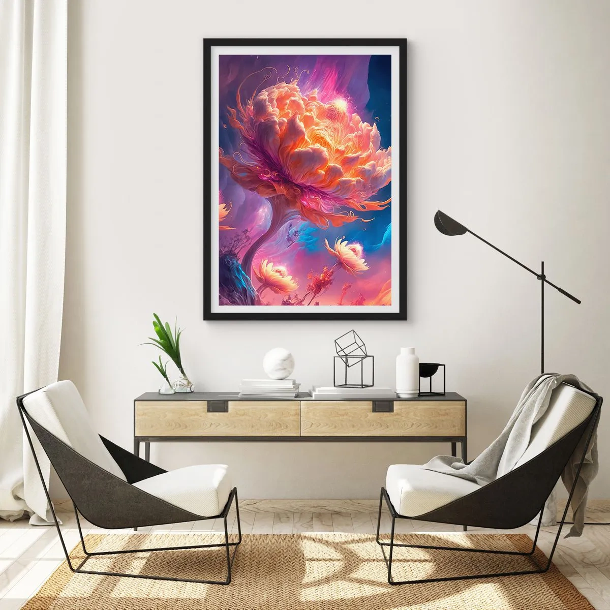Poszter fehér keretben - Egy fantasztikus fa virágzó virág formájában - 50x70cm - Egy másik világ - Modern fali dekoráció nappalihoz és hálószobához ARTTOR